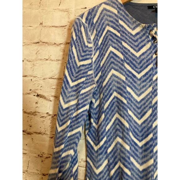 Chaps Top Womens Medium Blue Zig Zag Print Lace Up Long Sleeve Stretch Cotton - Picture 2 of 12
